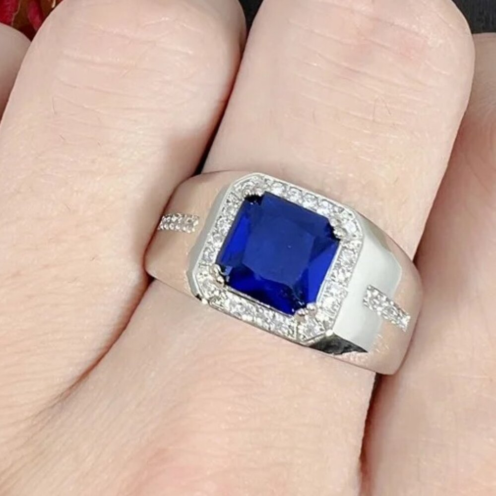 🆕 Men's Micro Pave 3.00ctw. Sapphire and   Diamond Ring 18K White Gold Pltd 🆕 - Picture 5 of 7